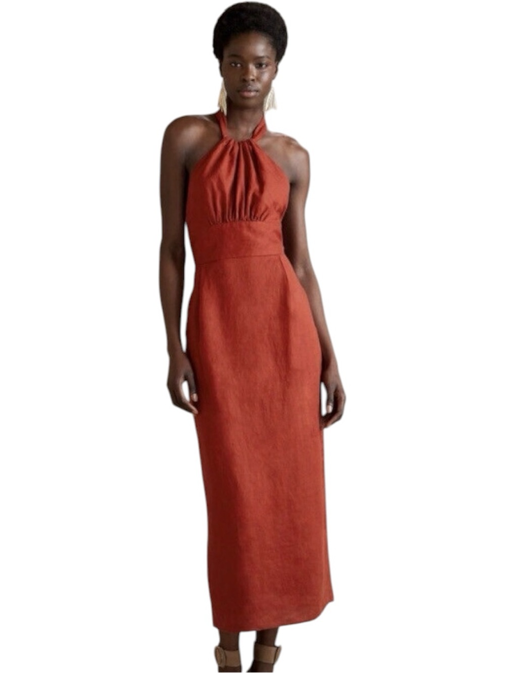 Banana Republic Terracotta Halter Midi Dress Open Back Linen Blend Size 2